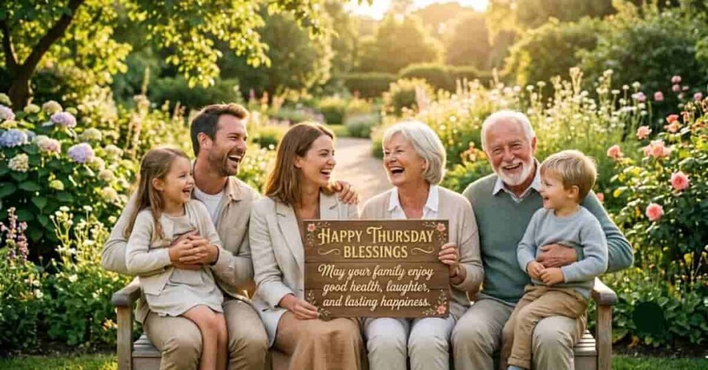 Happy Thursday Blessings image featuring a joyful multi-generational family in a blooming garden holding a sign with a heartfelt blessing for health, laughter, and lasting happiness.