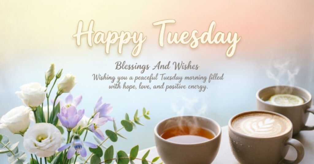 Happy Tuesday Blessings and Wishes image featuring fresh white and purple flowers, steaming cups of coffee and tea, and the inspirational message wishing a peaceful Tuesday morning filled with hope, love, and positive energy.