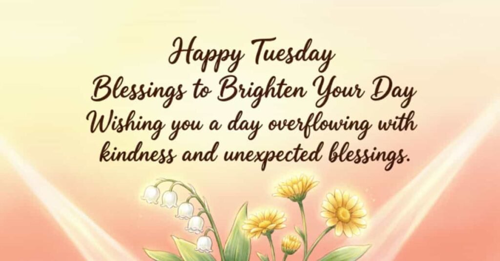 Happy Tuesday blessings image with yellow flowers and an uplifting message wishing a day filled with kindness, unexpected blessings, joy, hope, and positivity.