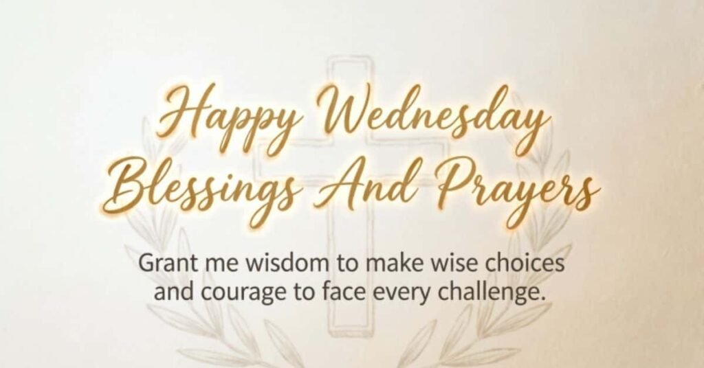 **Alt Text (SEO Optimized):**
**Happy Wednesday Blessings and Prayers image featuring a cross, soft golden background, and an inspirational prayer asking God for wisdom, courage, strength, and guidance throughout the day.**