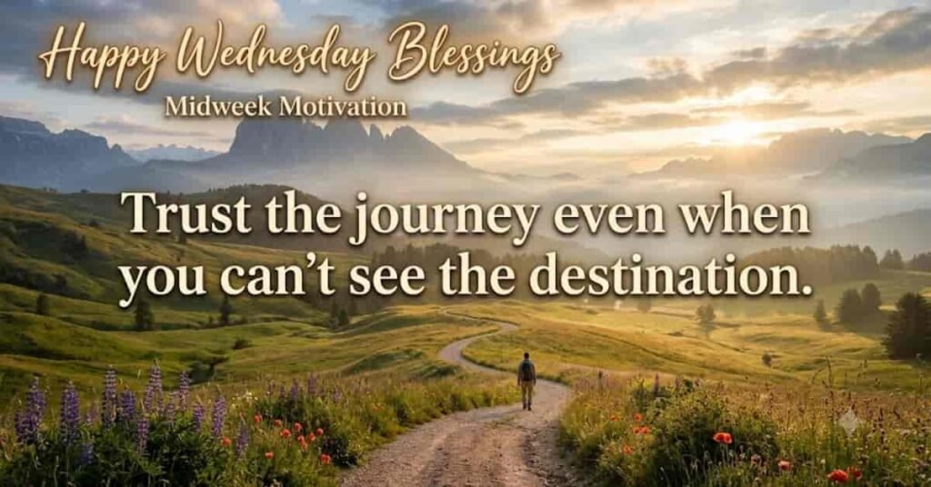 Happy Wednesday Blessings for Midweek Motivation featuring a scenic mountain valley at sunrise, a winding countryside path, and an inspirational quote encouraging you to trust the journey even when you can't see the destination.