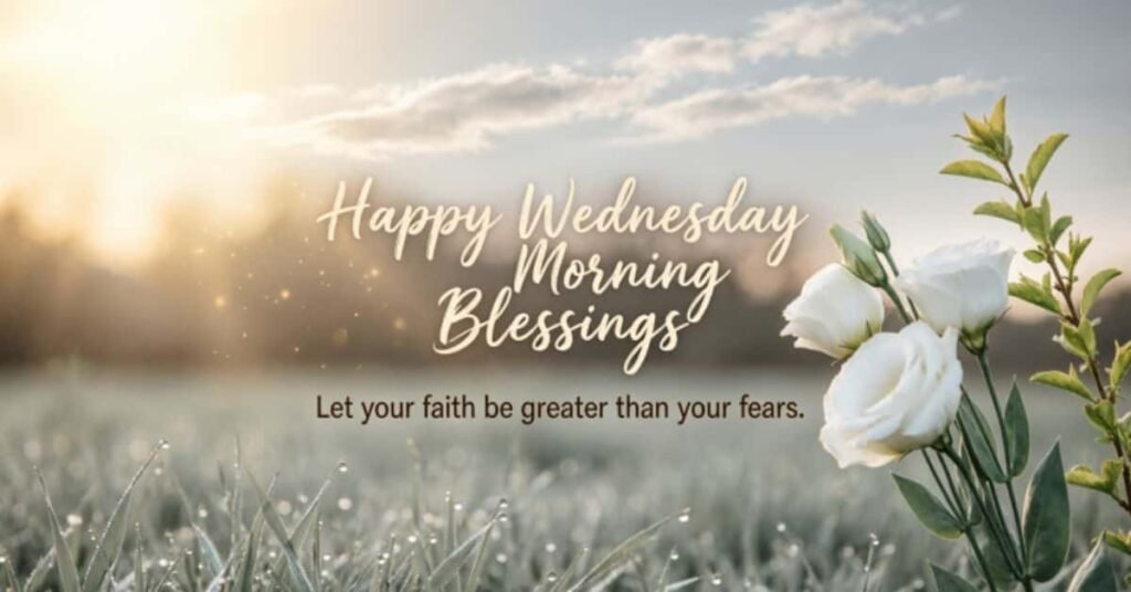 Happy Wednesday Morning Blessings image with white roses, soft sunrise, peaceful nature background, and an inspirational faith quote encouraging hope, courage, and trust in God.