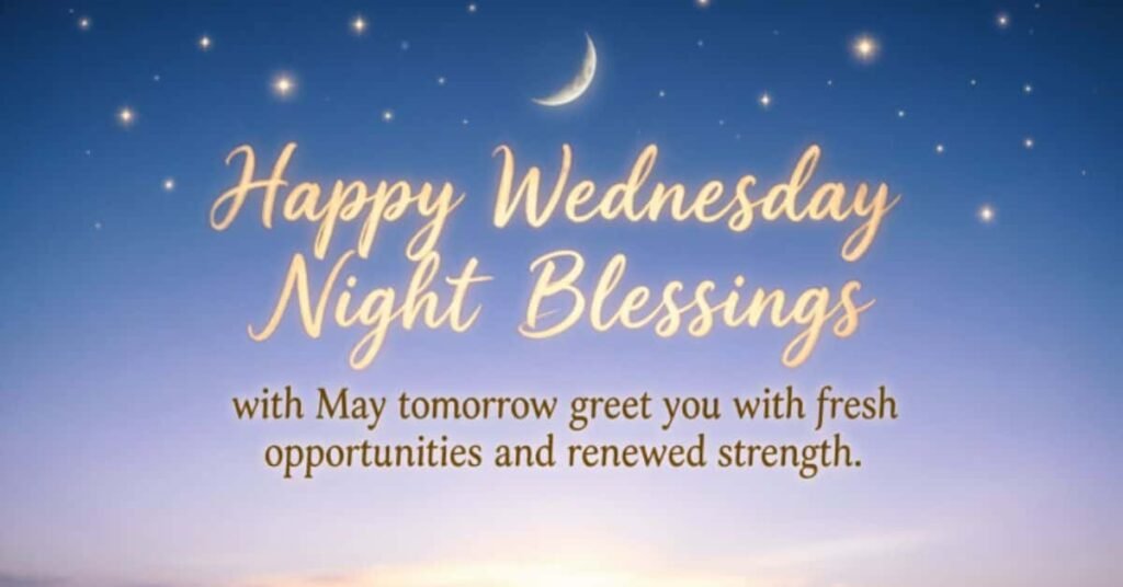 Happy Wednesday Night Blessings wish card with crescent moon and starry night sky background