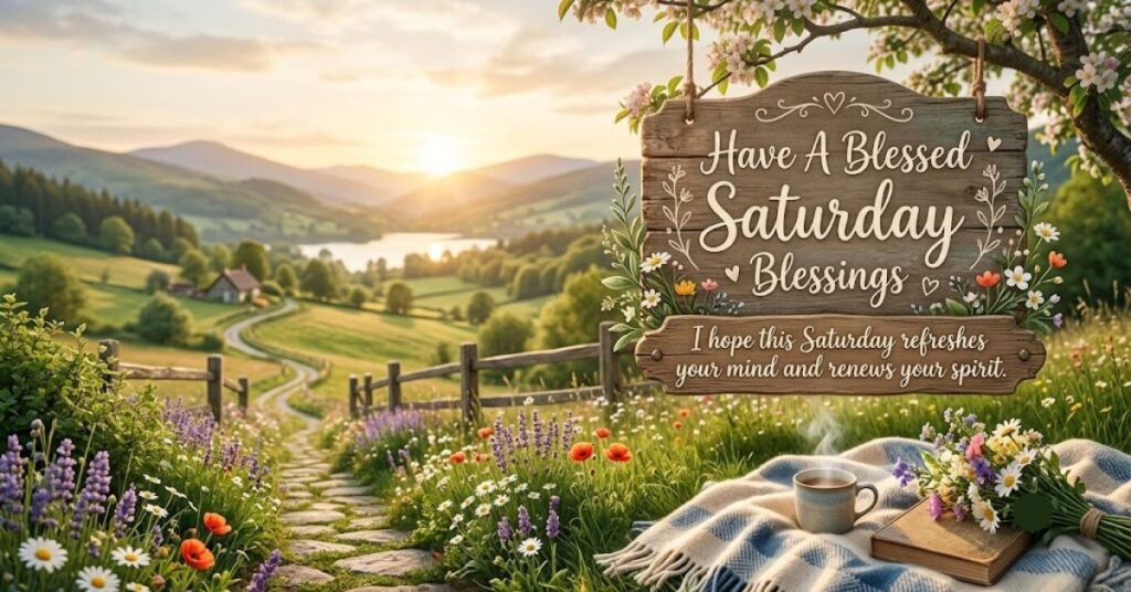 Have a Blessed Saturday Blessings image featuring a peaceful countryside sunrise with blooming wildflowers, a winding path, a coffee cup, and an inspirational message wishing a refreshing and spirit-renewing Saturday.