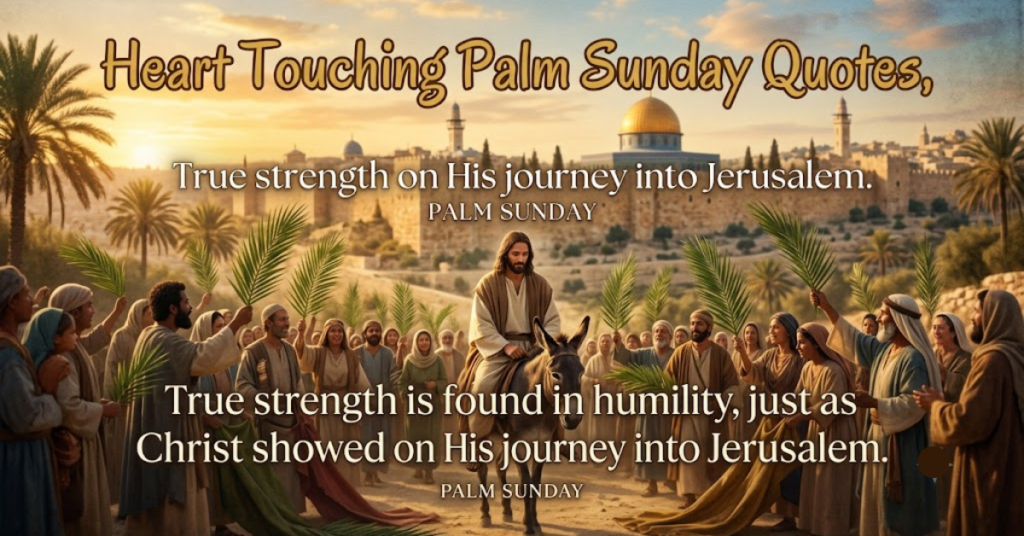 Heart Touching Palm Sunday Quotes image featuring Jesus entering Jerusalem on a donkey as people wave palm branches, symbolizing humility, faith, hope, and the blessings of Palm Sunday.