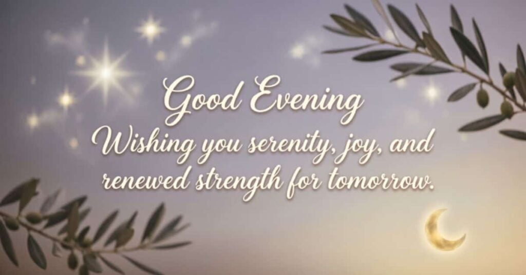 Peaceful Good Evening Blessings image featuring a glowing crescent moon, twinkling stars, and olive branches with an inspiring message wishing serenity, joy, and renewed strength for tomorrow.
