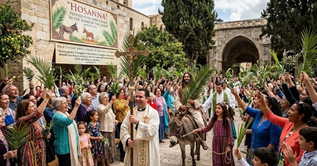 Holy Scriptures on Palm Sunday with Jesus' triumphal entry, palm branches, Hosanna celebration, and Bible verses.
