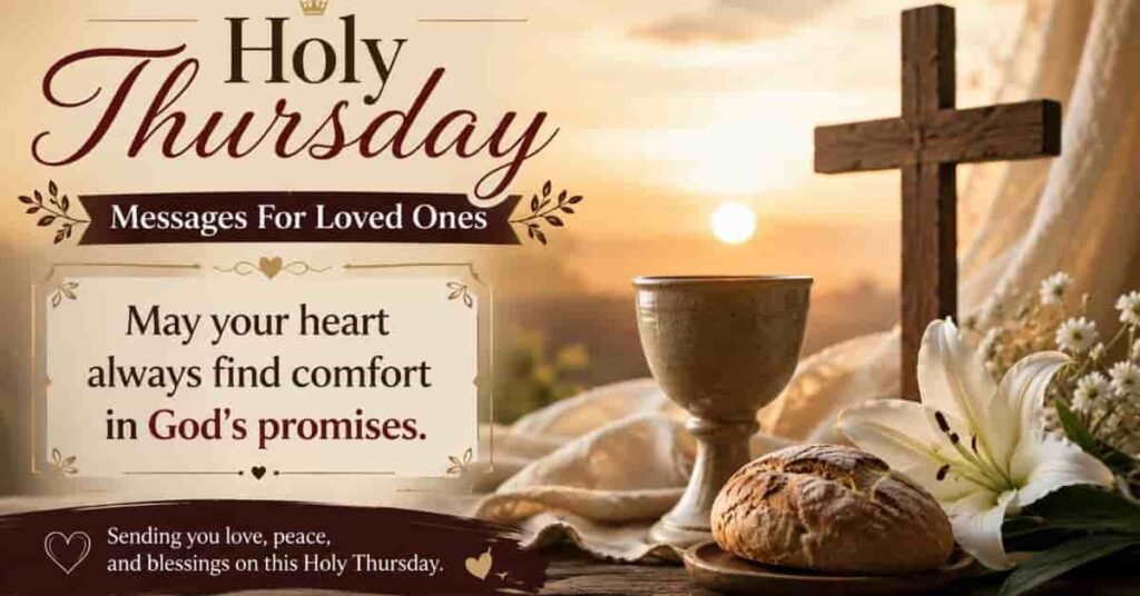 Holy Thursday Messages for Loved Ones image featuring a wooden cross, communion bread and chalice, white lilies, and a heartfelt Christian blessing about finding comfort in God's promises.