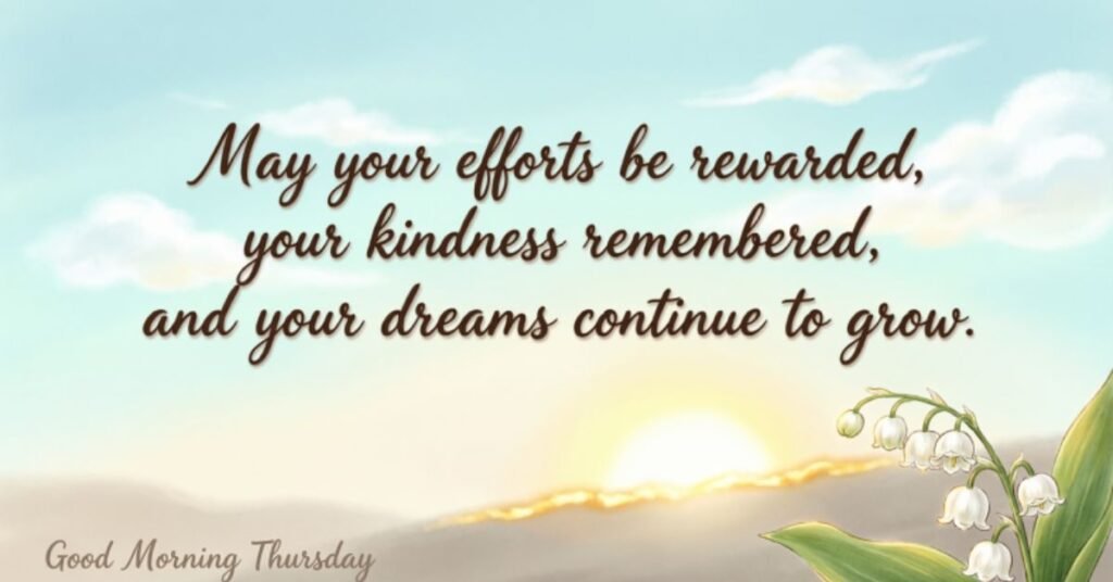 Good Morning Thursday Blessings with a sunrise, lily of the valley flowers, and an inspiring motivational quote.