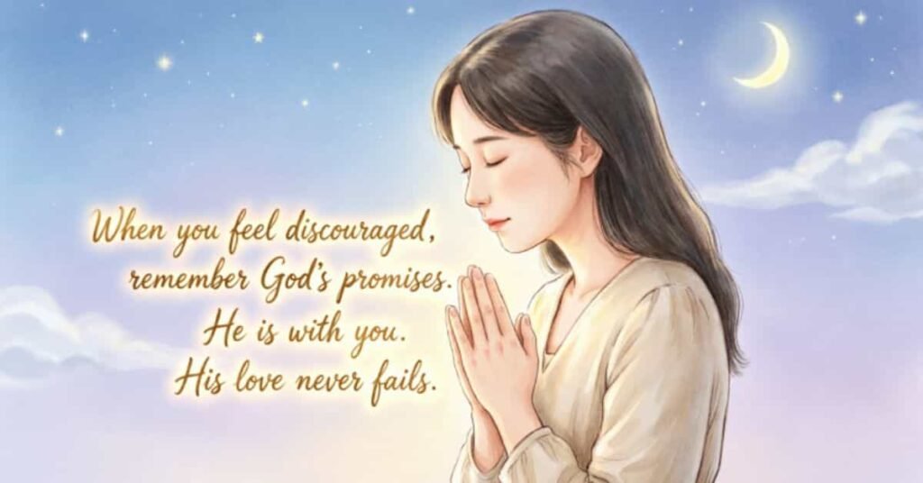 Inspirational encouragement prayer for a friend featuring a woman praying under a starry night sky with the uplifting message, 'When you feel discouraged, remember God's promises. He is with you. His love never fails.