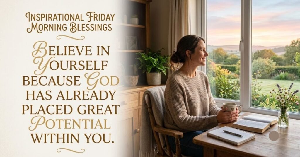 Inspirational Friday Morning Blessings featuring a peaceful morning devotion with a woman holding a coffee mug, an open Bible, a beautiful sunrise view, and a motivational Christian quote about faith, self-belief, and God's purpose.