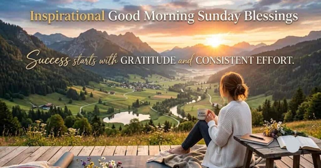Woman with coffee watching a mountain sunrise with an Inspirational Good Morning Sunday Blessings quote about gratitude and success.