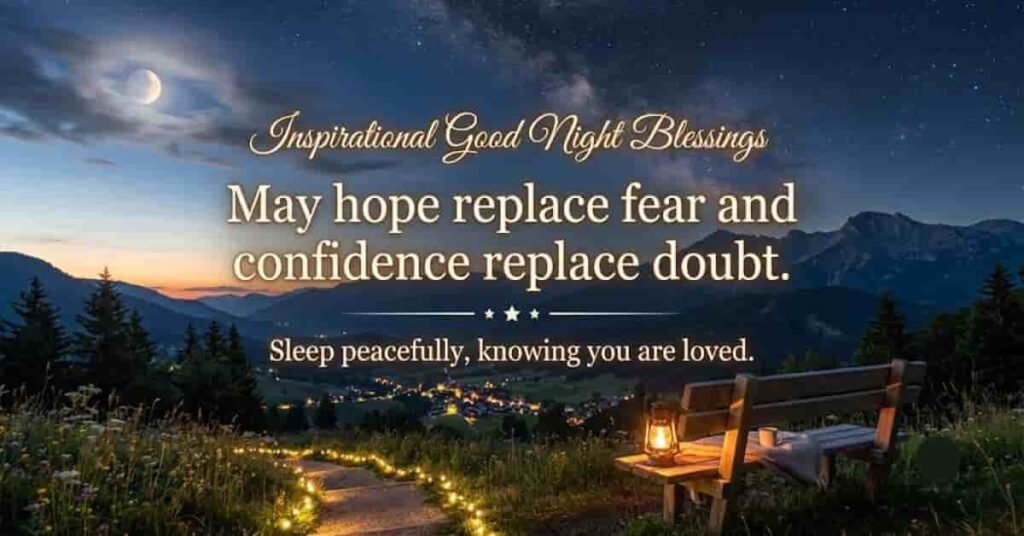 Inspirational Good Night Blessings image featuring a peaceful mountain landscape under a starry night sky with a glowing lantern, scenic pathway, and an uplifting message of hope, confidence, and peaceful sleep.