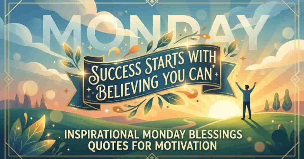 Inspirational Monday Blessings Quotes for Motivation image featuring a bright sunrise, uplifting landscape, and the quote, "Success starts with believing you can," inspiring confidence, positivity, motivation, and a successful start to the new week.