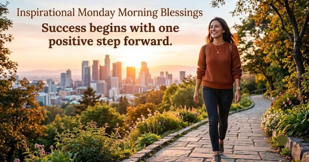 Inspirational Monday Morning Blessings with a woman walking at sunrise and a motivational success quote.