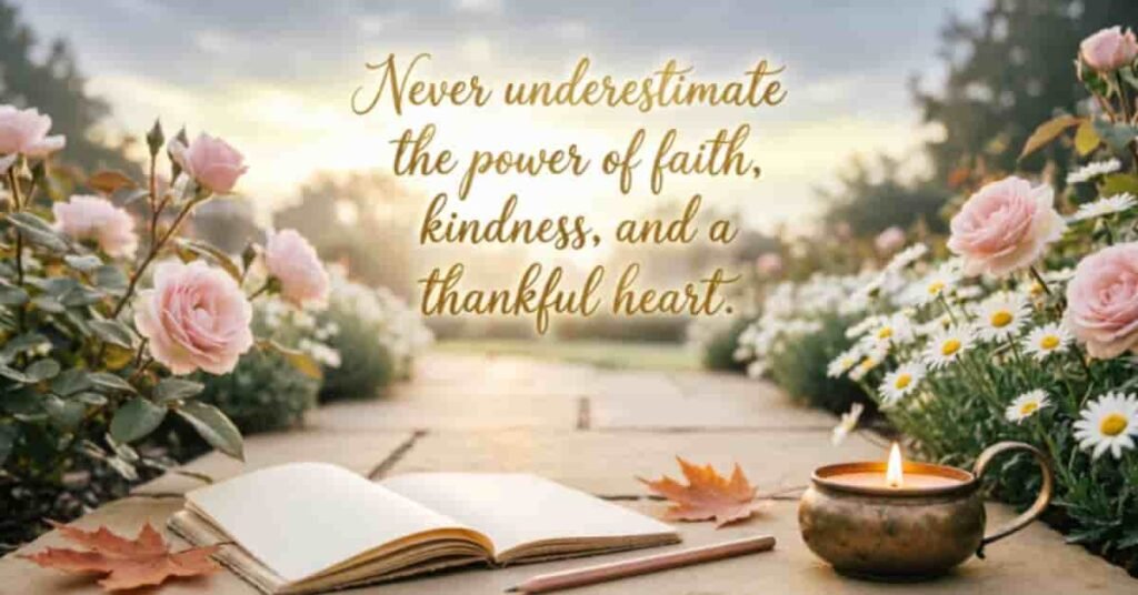 Inspirational Sunday blessing with pink roses, white daisies, an open book, a glowing candle, and the message, “Never underestimate the power of faith, kindness, and a thankful heart.