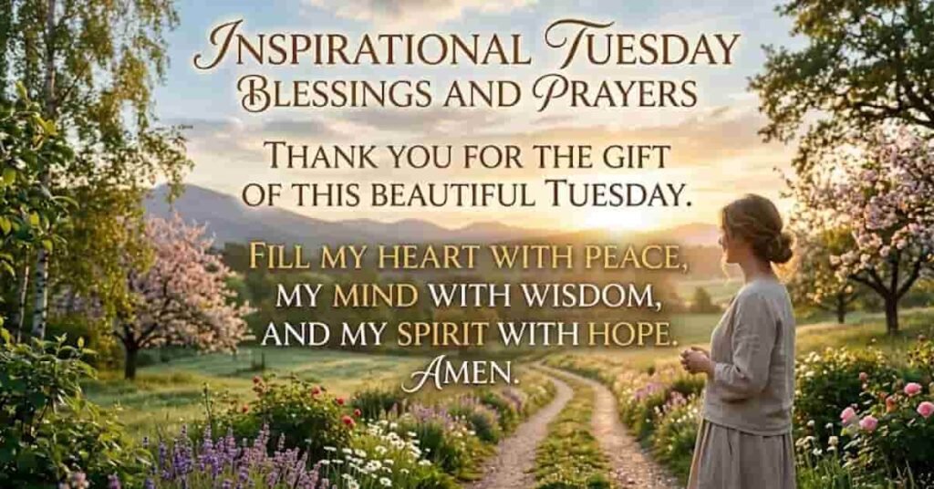 Inspirational Tuesday Blessings and Prayers image featuring a peaceful sunrise over a blooming garden with a woman praying, alongside an uplifting Tuesday prayer asking for peace, wisdom, hope, and gratitude for the gift of a beautiful Tuesday.