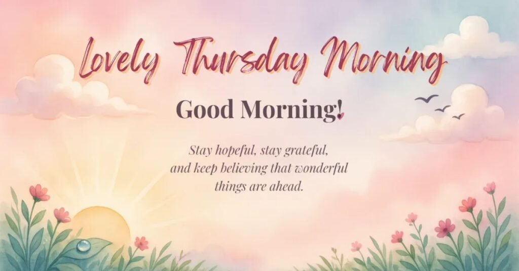 Lovely Thursday Morning Greetings image with a beautiful sunrise, blooming flowers, soft clouds, birds, and an inspirational Good Morning message encouraging hope, gratitude, and positivity.
