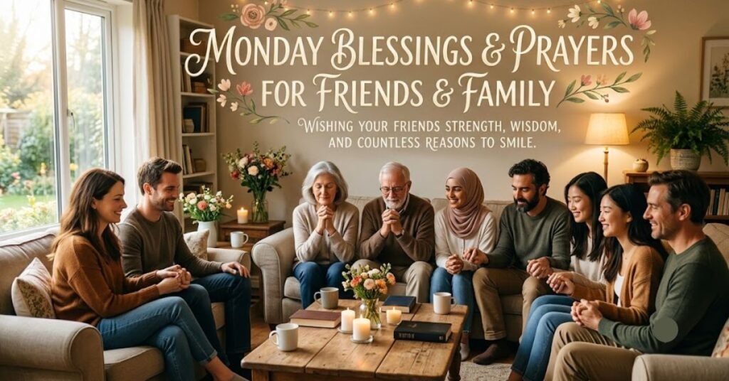 Monday Blessings and Prayers for Friends and Family with people praying together at home and an inspiring message.