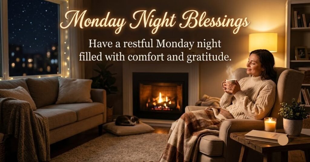 Monday Night Blessings with a cozy fireplace, relaxing evening atmosphere, and a peaceful message of comfort and gratitude.