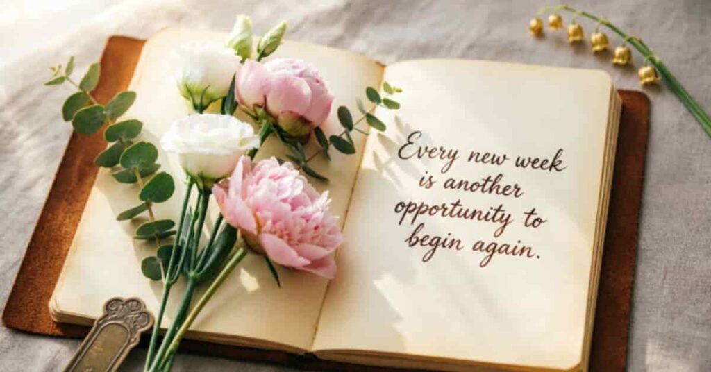 Inspirational Sunday blessings with an open notebook, fresh flowers, and a motivational new beginnings quote.