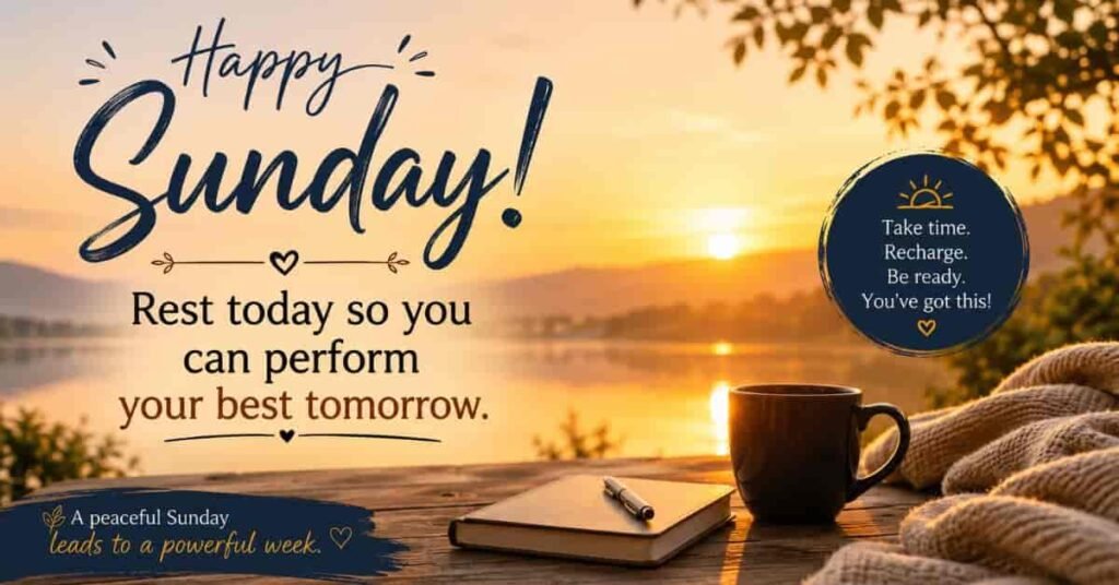 Motivational Happy Sunday image featuring a peaceful sunrise over a lake, a coffee mug, notebook, and cozy blanket, with an inspiring message encouraging rest today to perform your best tomorrow and recharge for the week ahead.