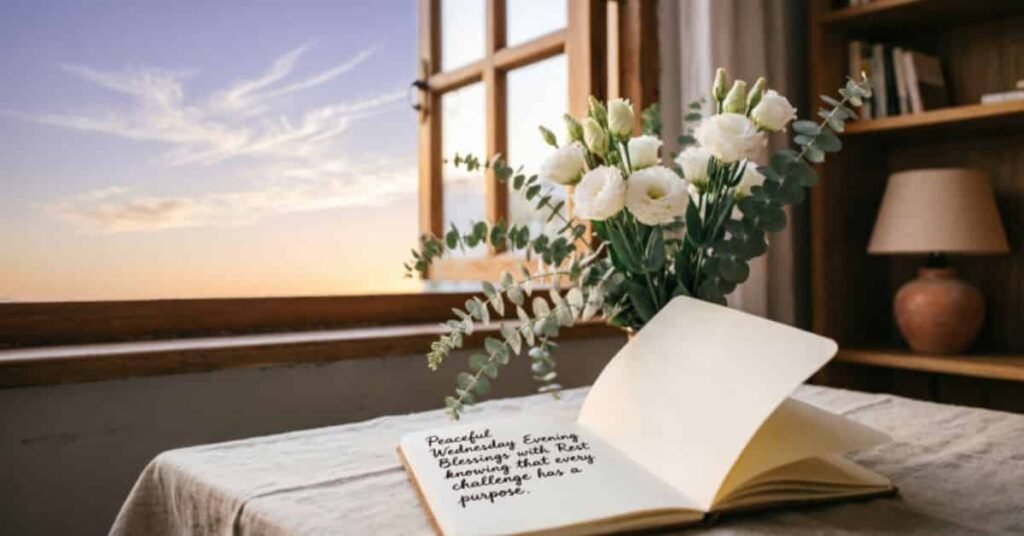 Peaceful Wednesday Evening Blessings written in a open journal by a cozy window with white flowers