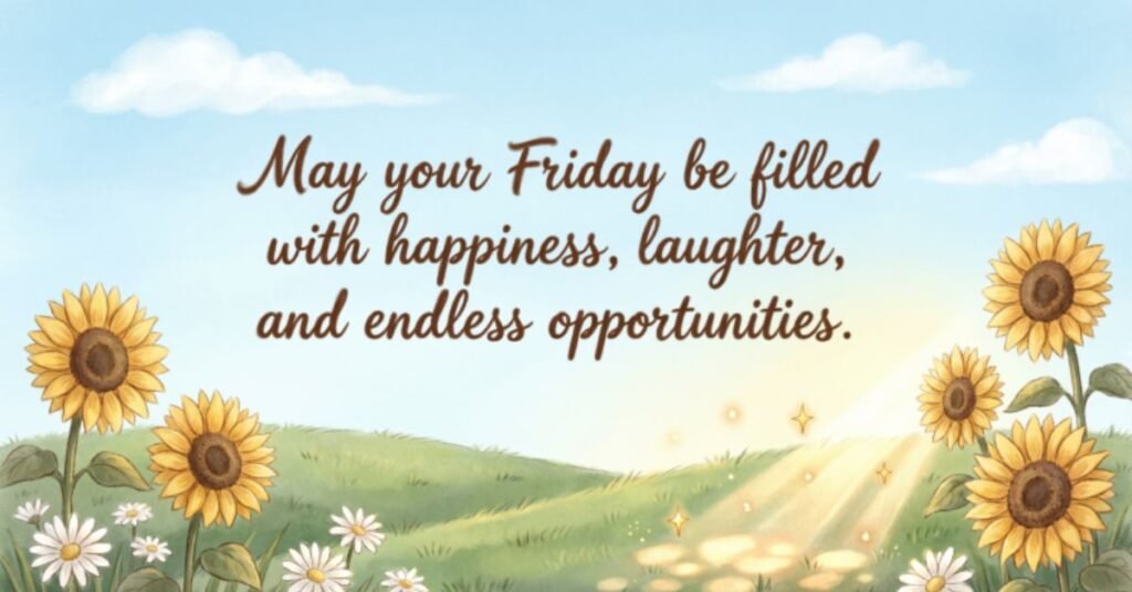 Positive Friday Morning Blessings with sunflowers, daisies, sunrise, and an uplifting quote about happiness and opportunities.