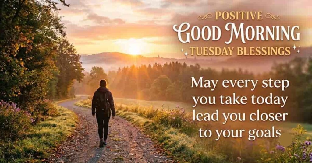 Positive Good Morning Tuesday Blessings image featuring a person walking along a peaceful sunrise trail with an inspirational message, 'May every step you take today lead you closer to your goals,' symbolizing hope, motivation, faith, and a positive Tuesday morning.