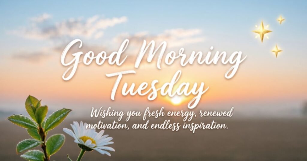 Positive Good Morning Tuesday Blessings with a sunrise, white daisy, green leaves, and an uplifting message of motivation and inspiration.