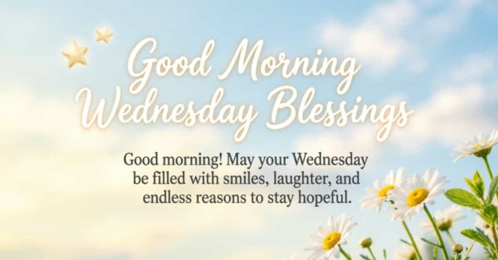 Good Morning Wednesday Blessings image with a bright blue sky, blooming white daisies, and an uplifting message wishing a Wednesday filled with smiles, laughter, hope, and happiness.