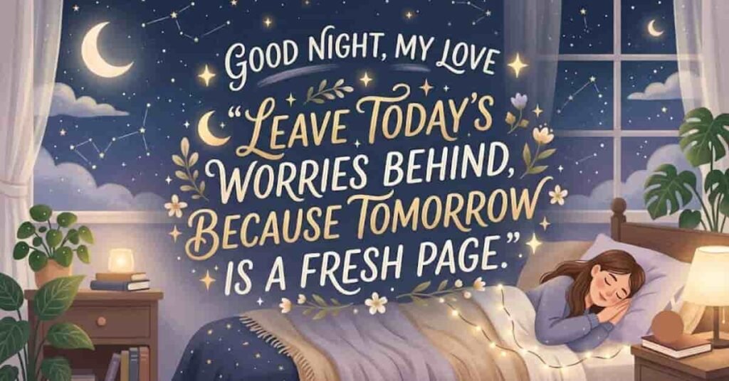Positive Good Night Quotes for Her illustration featuring a woman peacefully sleeping in a cozy bedroom beneath a starry sky, with a comforting bedtime quote encouraging hope and a fresh start tomorrow.