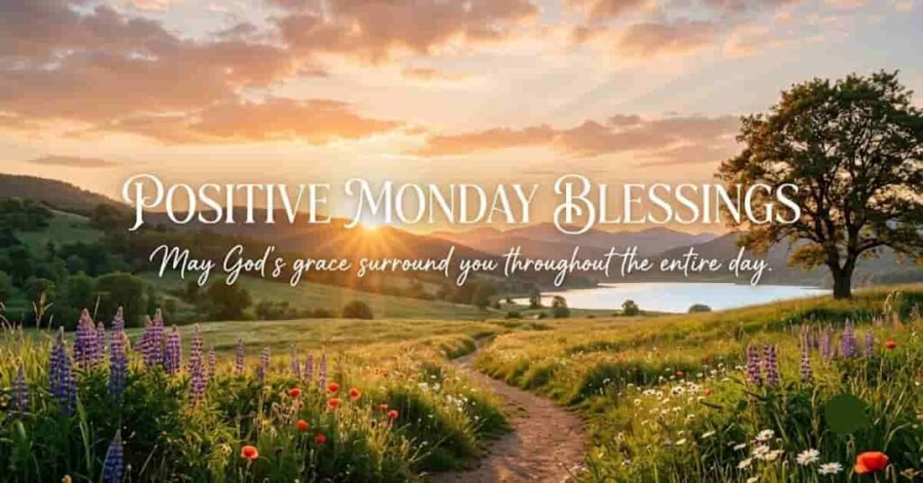 Positive Monday Blessings image featuring a peaceful sunrise over rolling green hills, colorful wildflowers, and a winding country path with the inspirational message, "May God's grace surround you throughout the entire day," encouraging hope, faith, and a blessed start to the week.