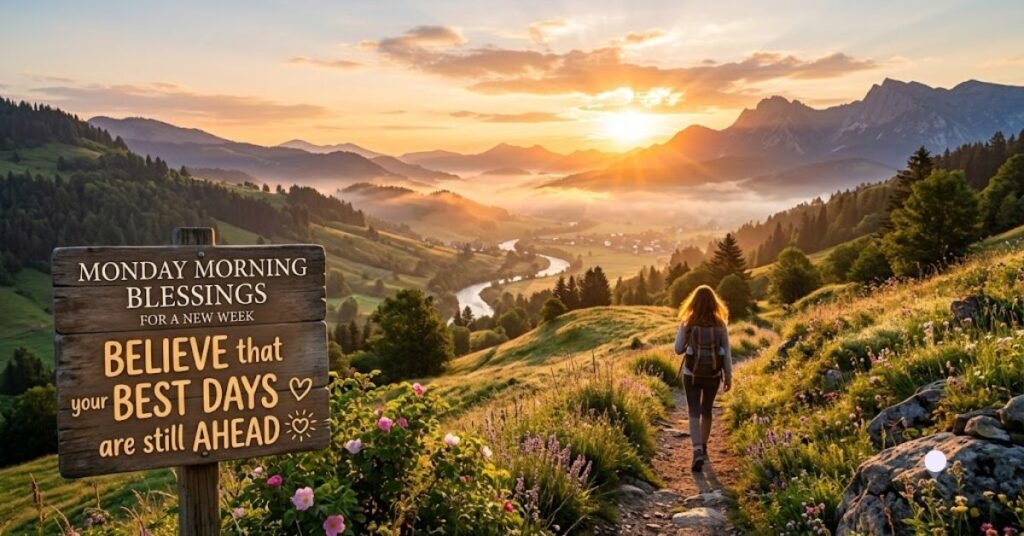 Monday Morning Blessings with sunrise mountain landscape and inspirational quote for a positive new week.