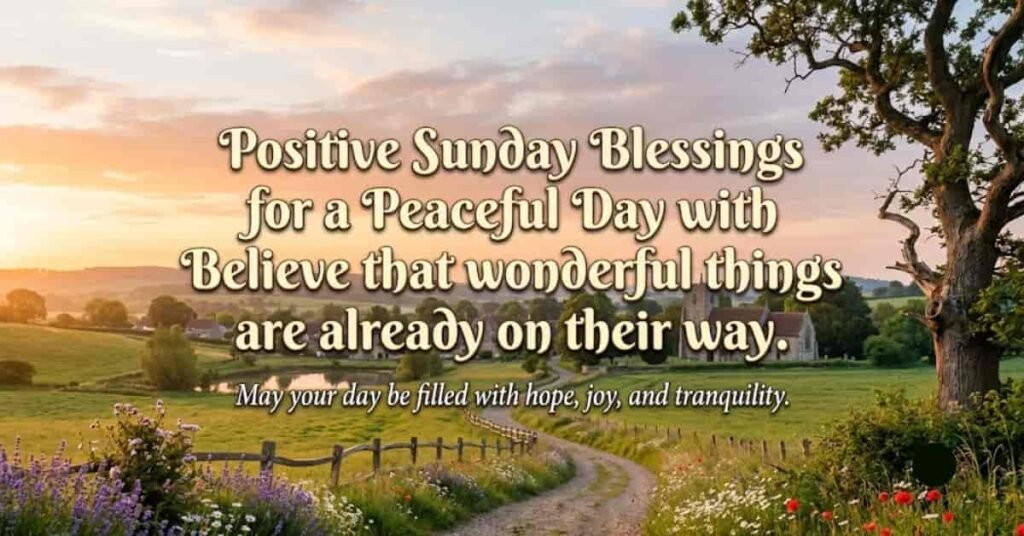 Countryside sunrise with Positive Sunday Blessings message about hope, peace, and new beginnings.