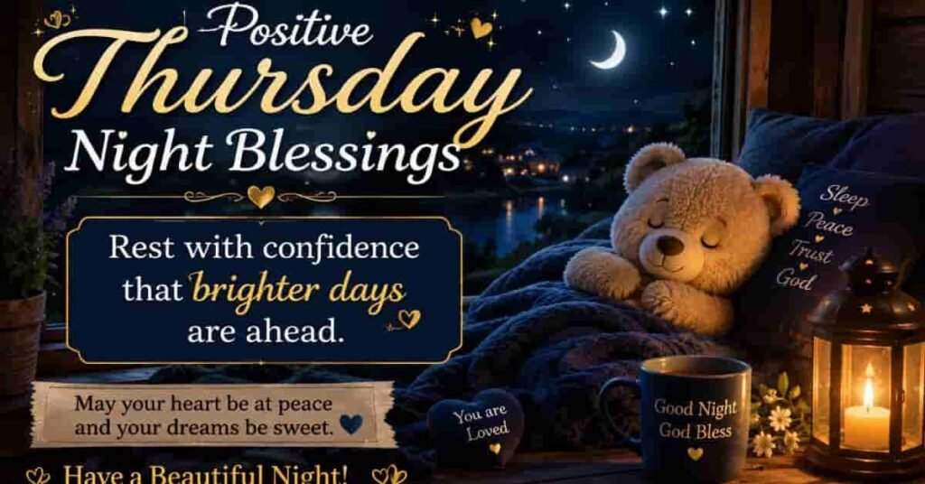 Positive Thursday Night Blessings image featuring a sleeping teddy bear, glowing lantern, crescent moon, cozy bedroom, and an inspirational Christian message about resting in God's peace and brighter days ahead.