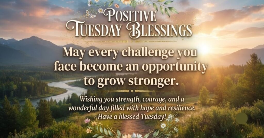Positive Tuesday Blessings with a scenic mountain sunrise, river landscape, and an uplifting message of strength, hope, courage, and resilience.