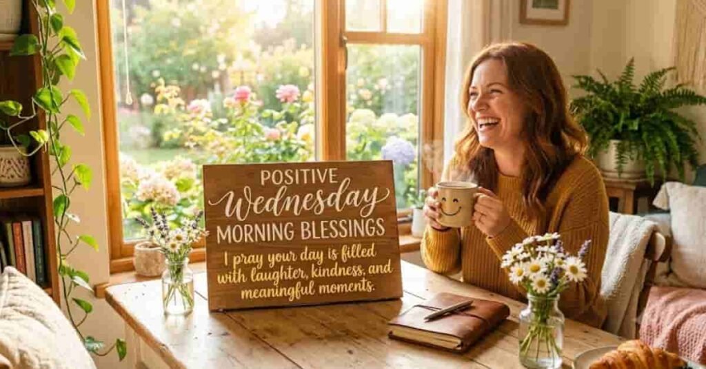 Positive Wednesday Morning Blessings image featuring a smiling woman enjoying coffee by a sunny window with fresh flowers, displaying an inspirational message wishing laughter, kindness, and meaningful moments throughout the day.