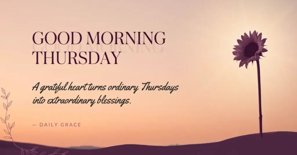 Powerful Good Morning Thursday Quotes image featuring a single sunflower at sunrise with a motivational gratitude quote about turning ordinary Thursdays into extraordinary blessings.