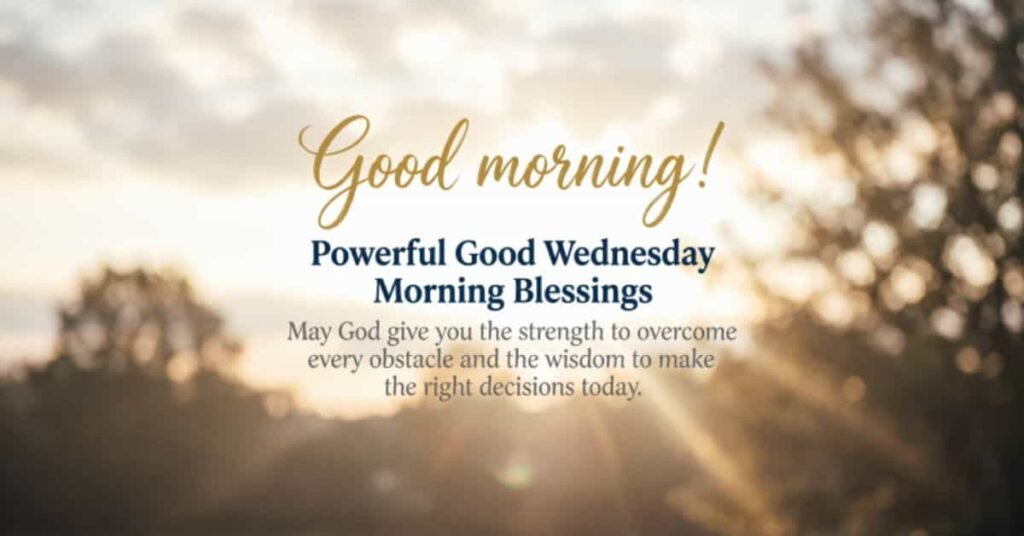 Powerful Good Wednesday Morning Blessings image featuring a glowing sunrise through trees with an inspirational Christian message praying for God's strength, wisdom, and guidance to overcome obstacles.
