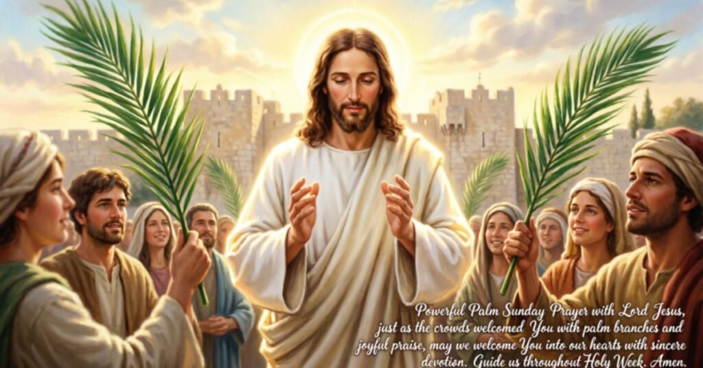 Powerful Palm Sunday Prayer with Jesus, palm branches, and a faith-filled Holy Week blessing.