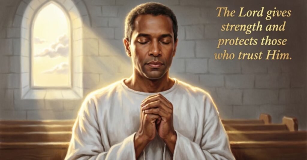 Powerful Sunday Morning Prayer with a person praying in church and an inspiring message of God's strength and protection