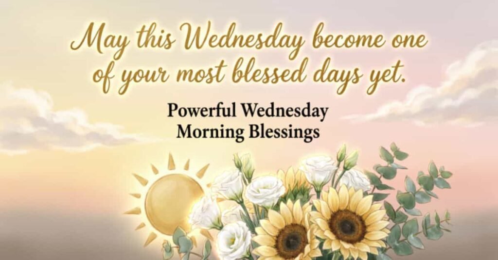 Powerful Wednesday morning blessings image with sunrise, sunflowers, white flowers, and an inspirational quote wishing a blessed and joyful Wednesday.