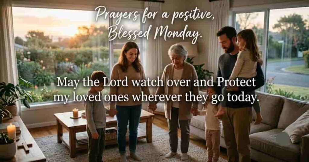Prayers for a Positive Blessed Monday image showing a family gathered in prayer at home with the inspiring message, "May the Lord watch over and protect my loved ones wherever they go today," symbolizing faith, love, protection, and God's blessings for the week.