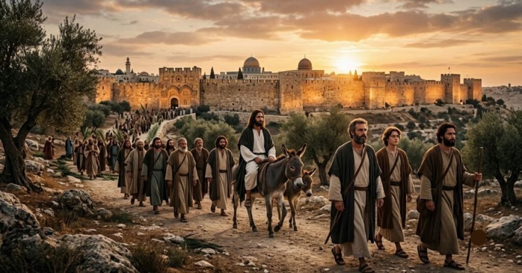 Jesus enters Jerusalem on a donkey with His disciples as crowds gather, symbolizing the triumphal entry celebrated on Palm Sunday and the beginning of Holy Week.