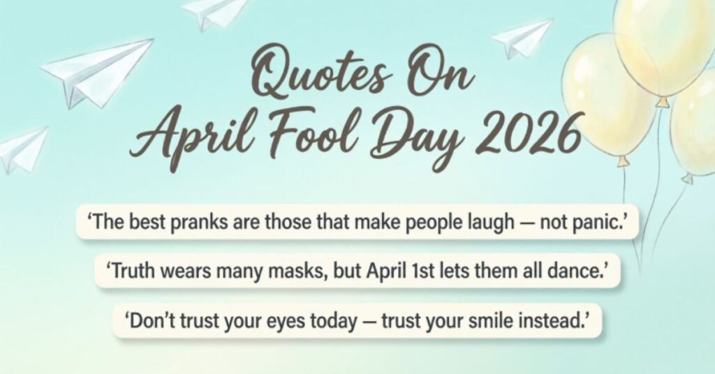 Quotes on April Fool Day 2026 image featuring paper airplanes and balloons with humorous quotes about laughter, pranks, truth, and smiling on April 1st.