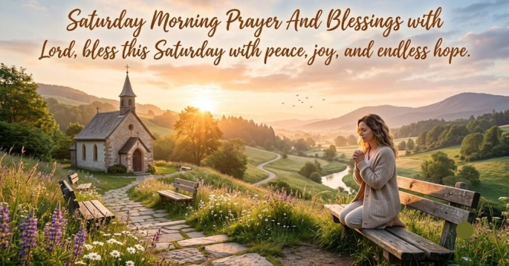 Saturday Morning Prayer and Blessings with a woman praying near a church at sunrise and a peaceful prayer for joy, peace, and hope.