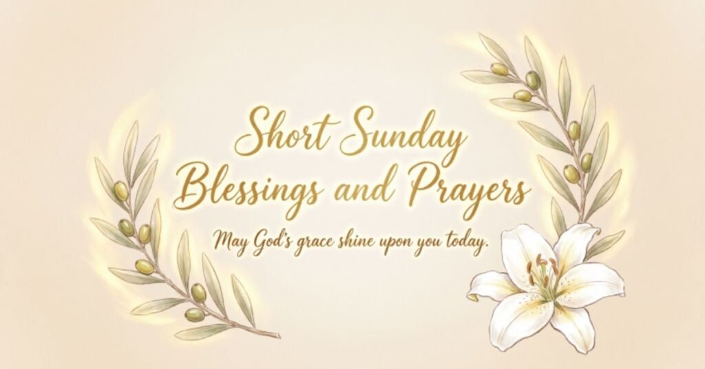 Short Sunday Blessings and Prayers with lily flower, olive branches, and an inspirational message of God's grace