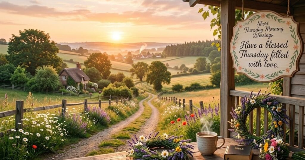 Short Thursday Morning Blessings image featuring a peaceful countryside sunrise, winding path, cozy cottage, wildflowers, steaming coffee, Bible, and a heartfelt blessing wishing a Thursday filled with love.