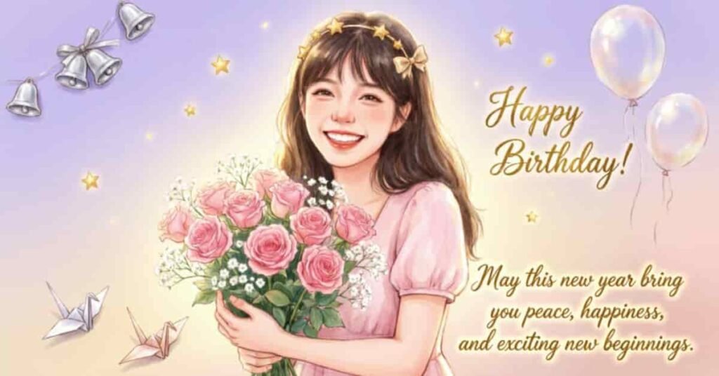 Happy Birthday wishes featuring a smiling girl holding a bouquet of pink roses, surrounded by balloons, stars, bells, and a heartfelt message of peace, happiness, and new beginnings.